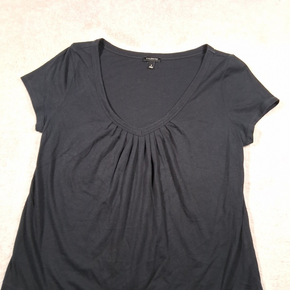 Talbots Top Womens S Black Scoop Neck Pleated Front Short Sleeve Cotton Modal